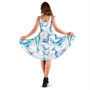 Watercolor Dolphin Pattern Sleeveless Midi Dress