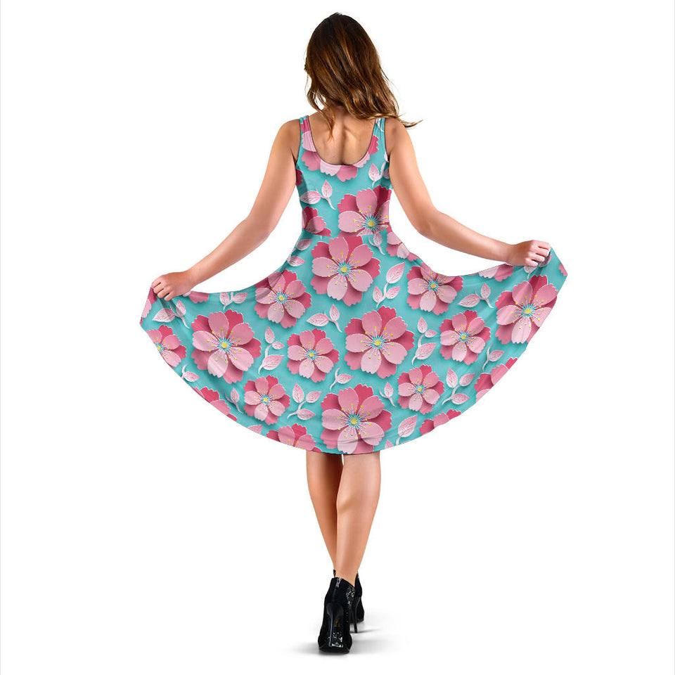 3D Sakura Cherry Blossom Pattern Sleeveless Midi Dress