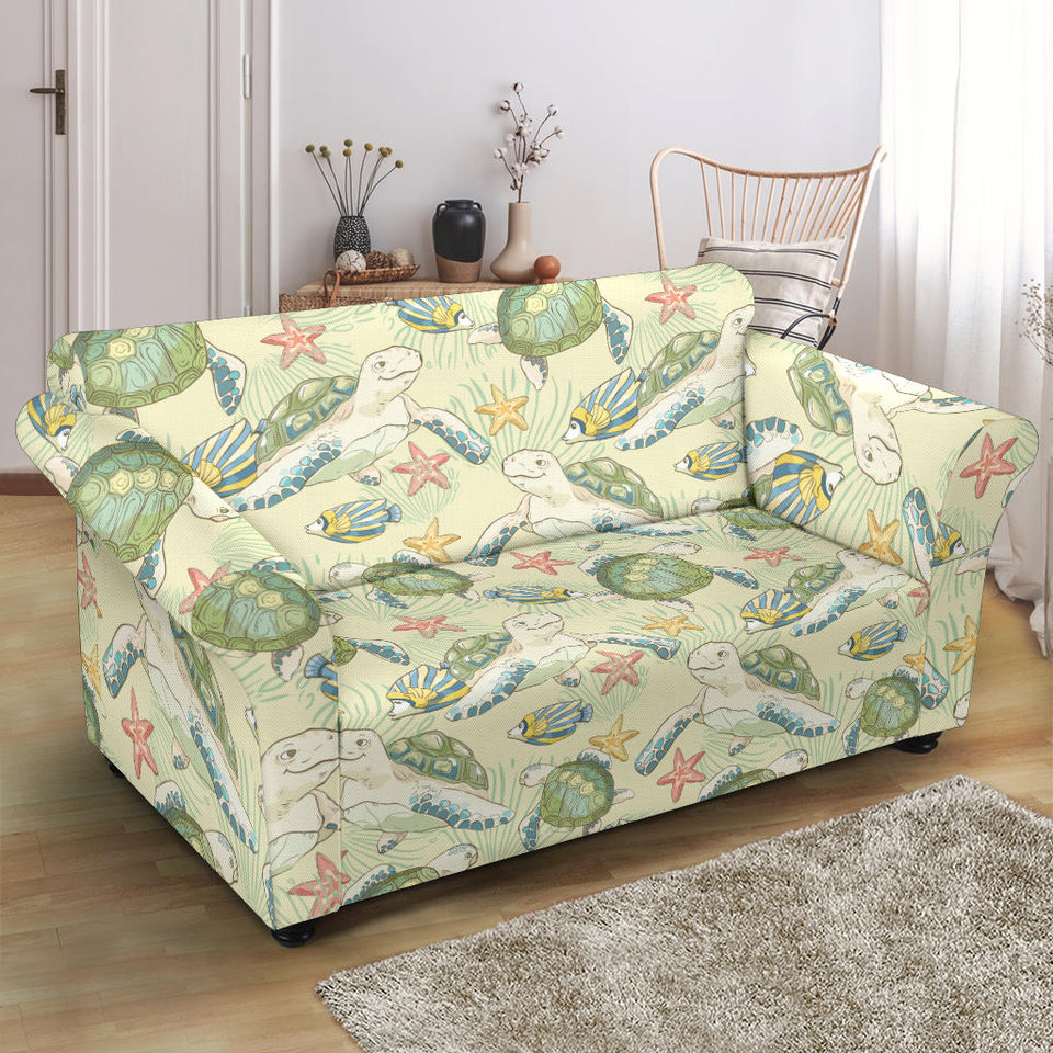 Hand Drawn Sea Turtle Fish Pattern Loveseat Couch Slipcover