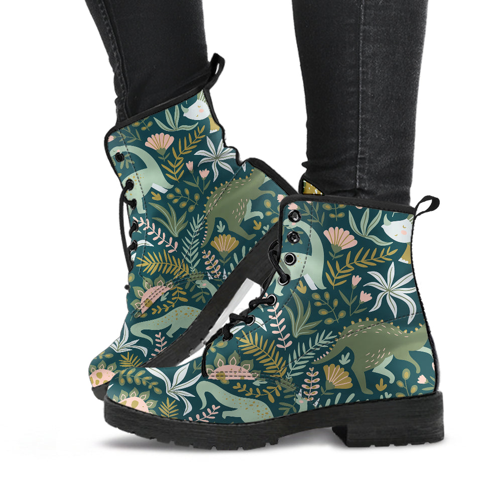 Dinosaurs Tropical Leaves Flower Pattern Leather Boots