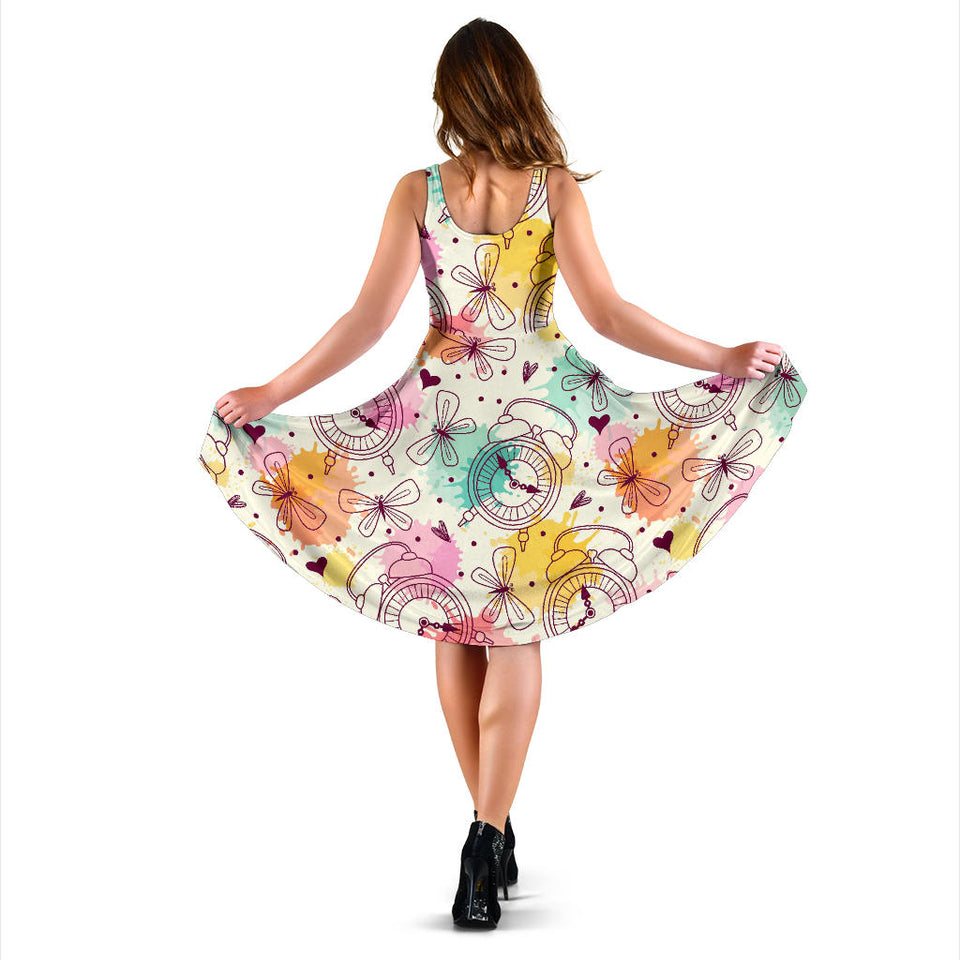 Clock Butterfly Pattern Sleeveless Midi Dress