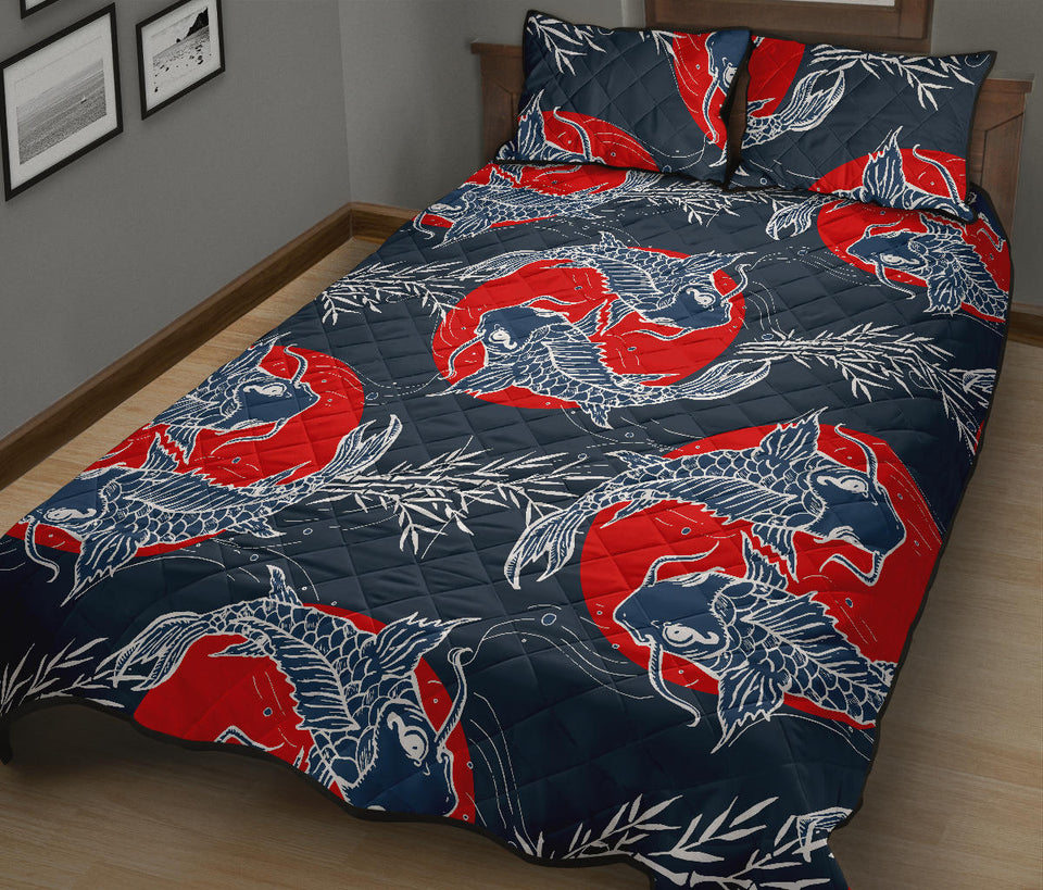 Koi Fish Carp Fishs hand drawn japanese art Quilt Bed Set