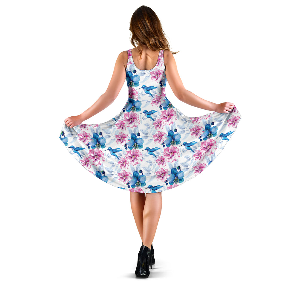Hummingbird Pattern Print Design 02 Sleeveless Midi Dress