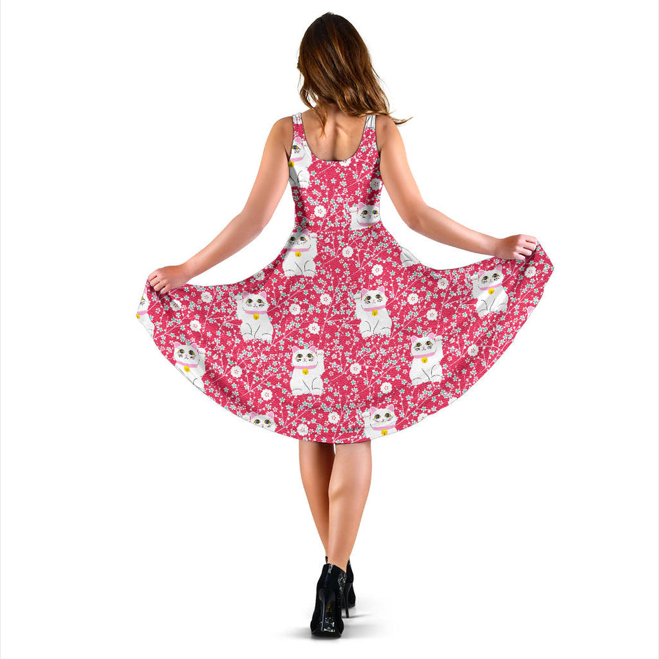 Maneki Neko Lucky Cat Sakura Pink Background Sleeveless Midi Dress