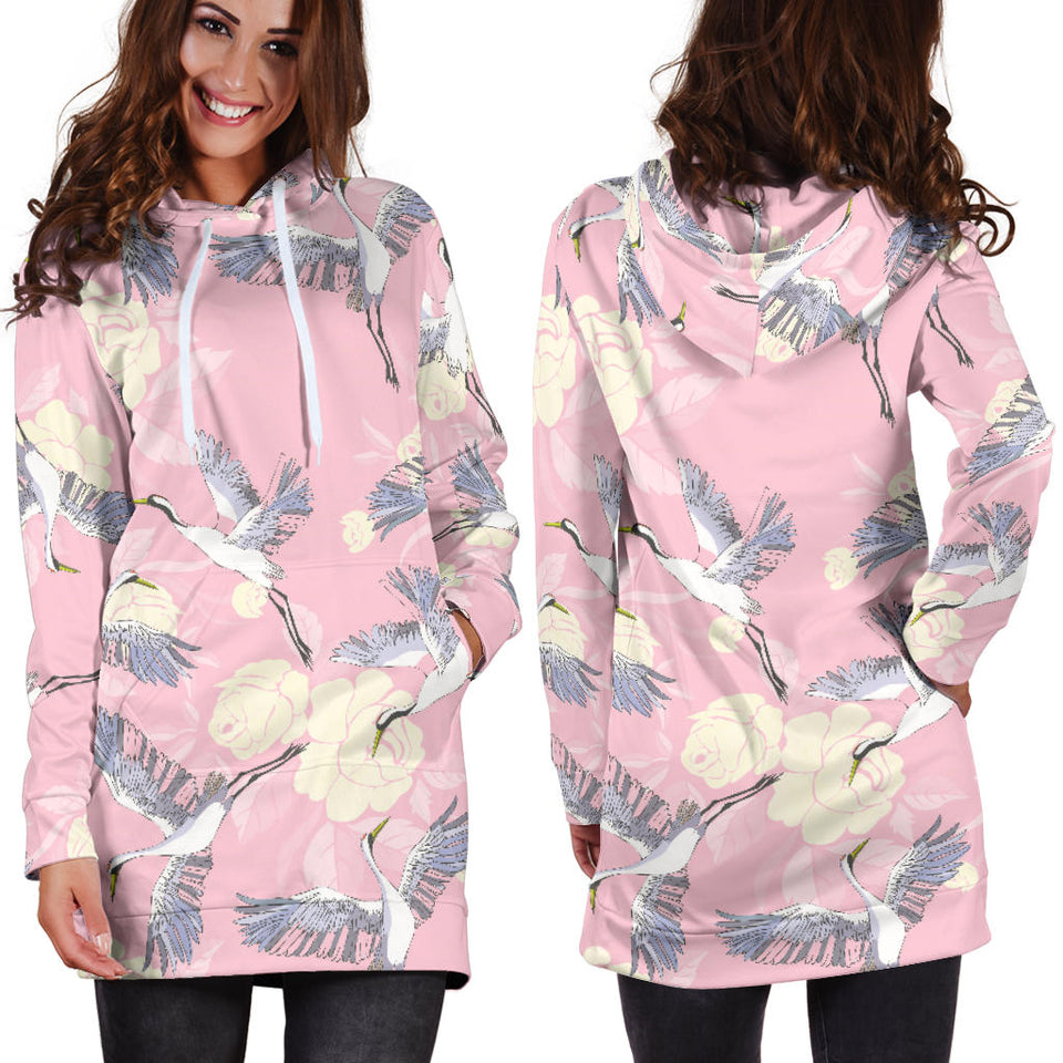 Japanese Crane Rose Pattern Women'S Hoodie Dress