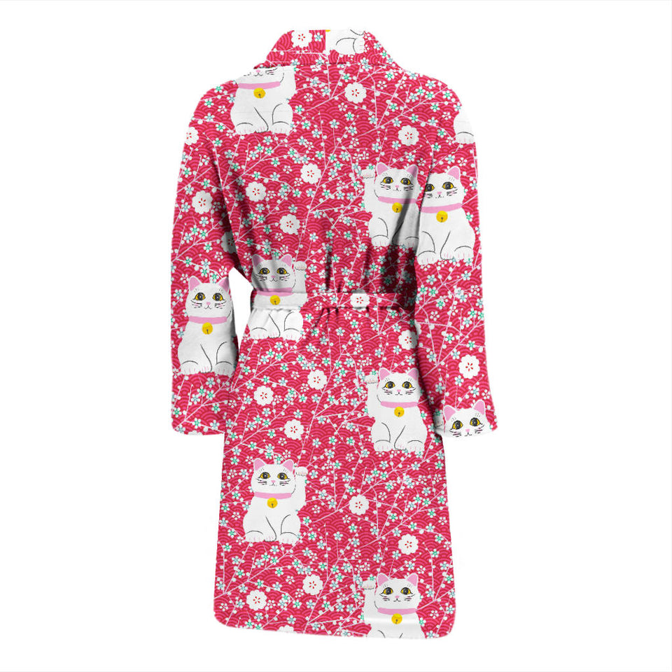 Maneki Neko Lucky Cat Sakura Pink Background Men'S Bathrobe