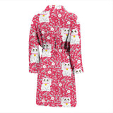 Maneki Neko Lucky Cat Sakura Pink Background Men'S Bathrobe