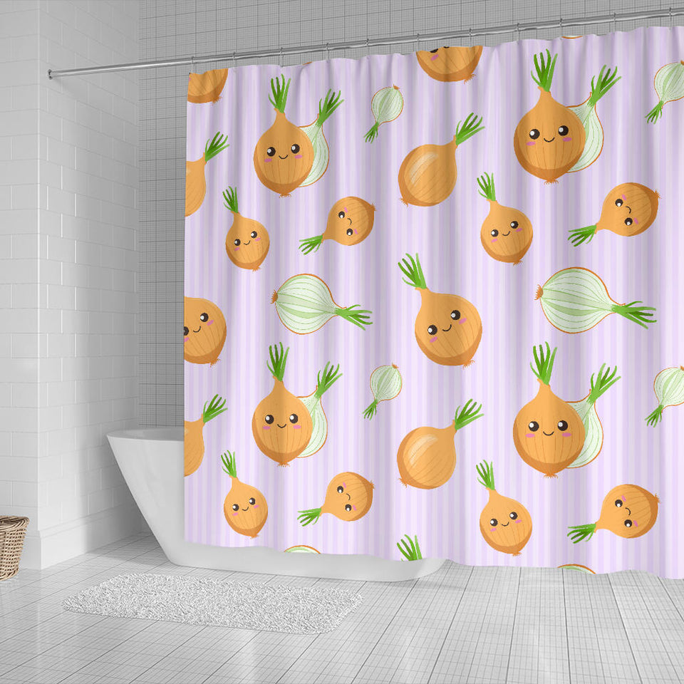 Cute Onions Smiling Faces Purple Background Shower Curtain Fulfilled In US