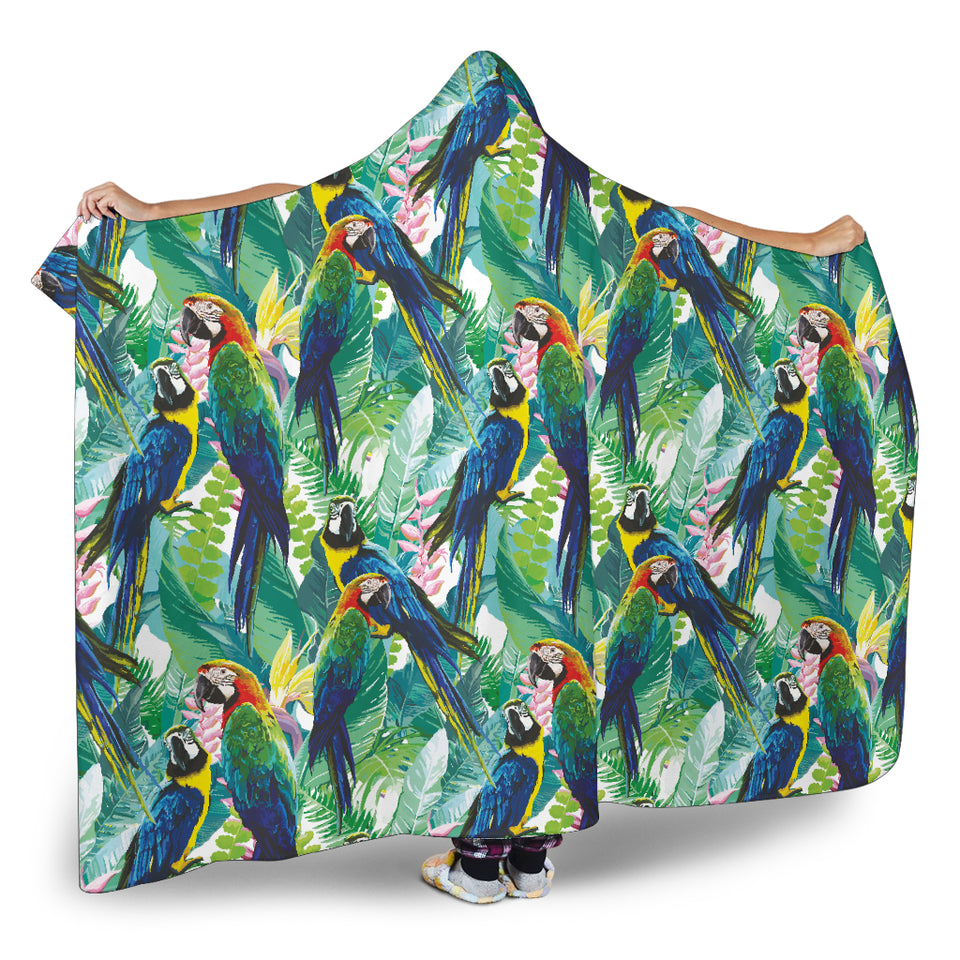 Colorful Parrot Exotic Flower Leaves Hooded Blanket
