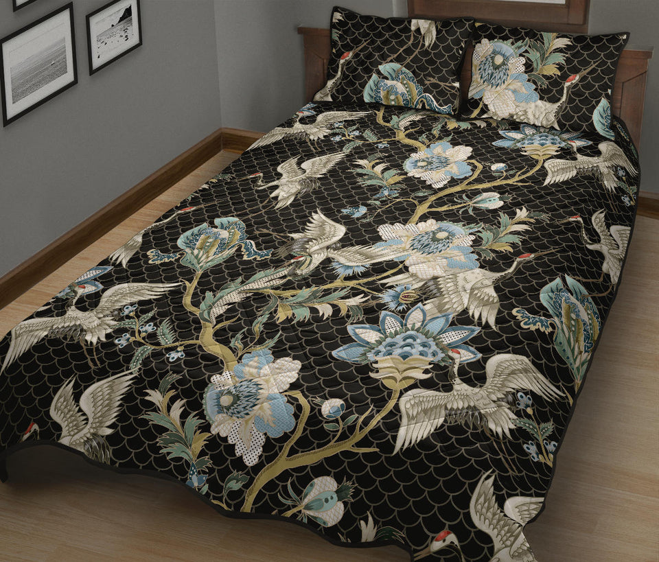 Japanese crane ornament elements Quilt Bed Set