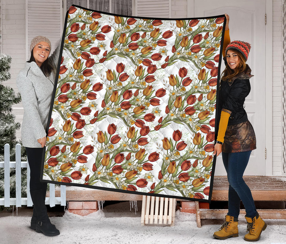 Red Tulips And Daffodils Pattern Premium Quilt