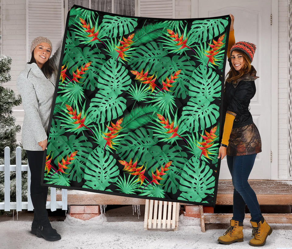Heliconia Flower Palm Monstera Leaves Black Background Premium Quilt