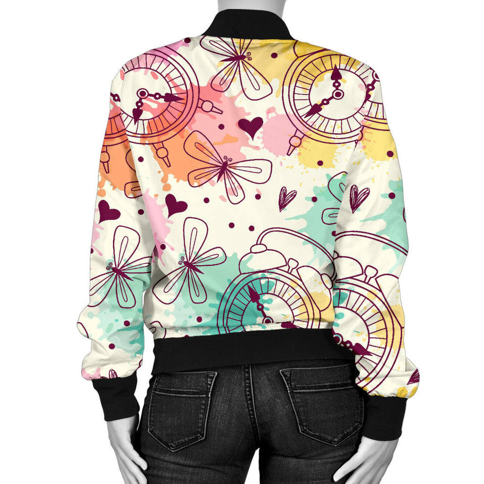 Clock Butterfly Pattern Women'S Bomber Jacket