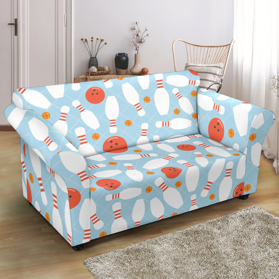 Bowling Ball Bowling Pins Blue Blackground Loveseat Couch Slipcover