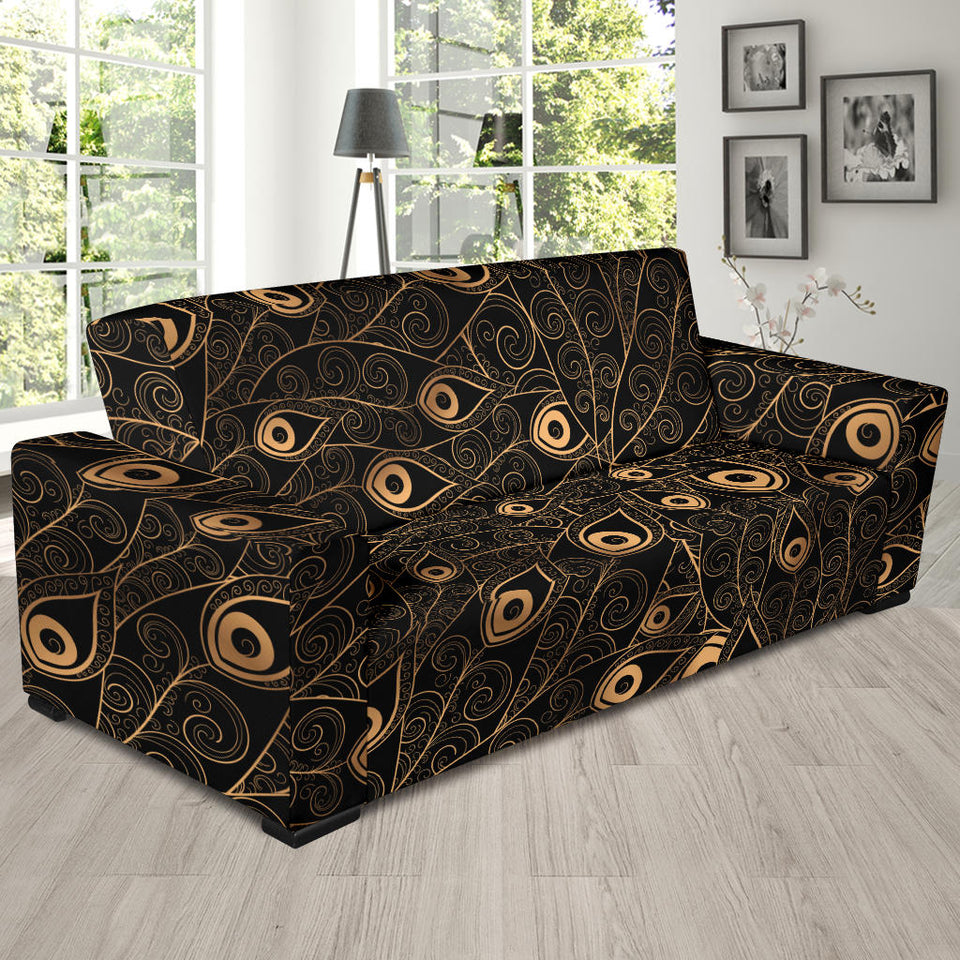 Gold Peacock Feather Pattern Sofa Slipcover