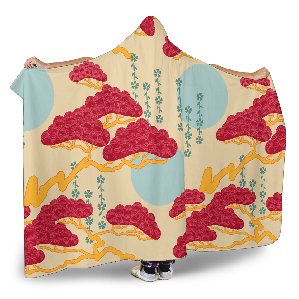 Red Bonsai Gray Sun Japanese Pattern Hooded Blanket