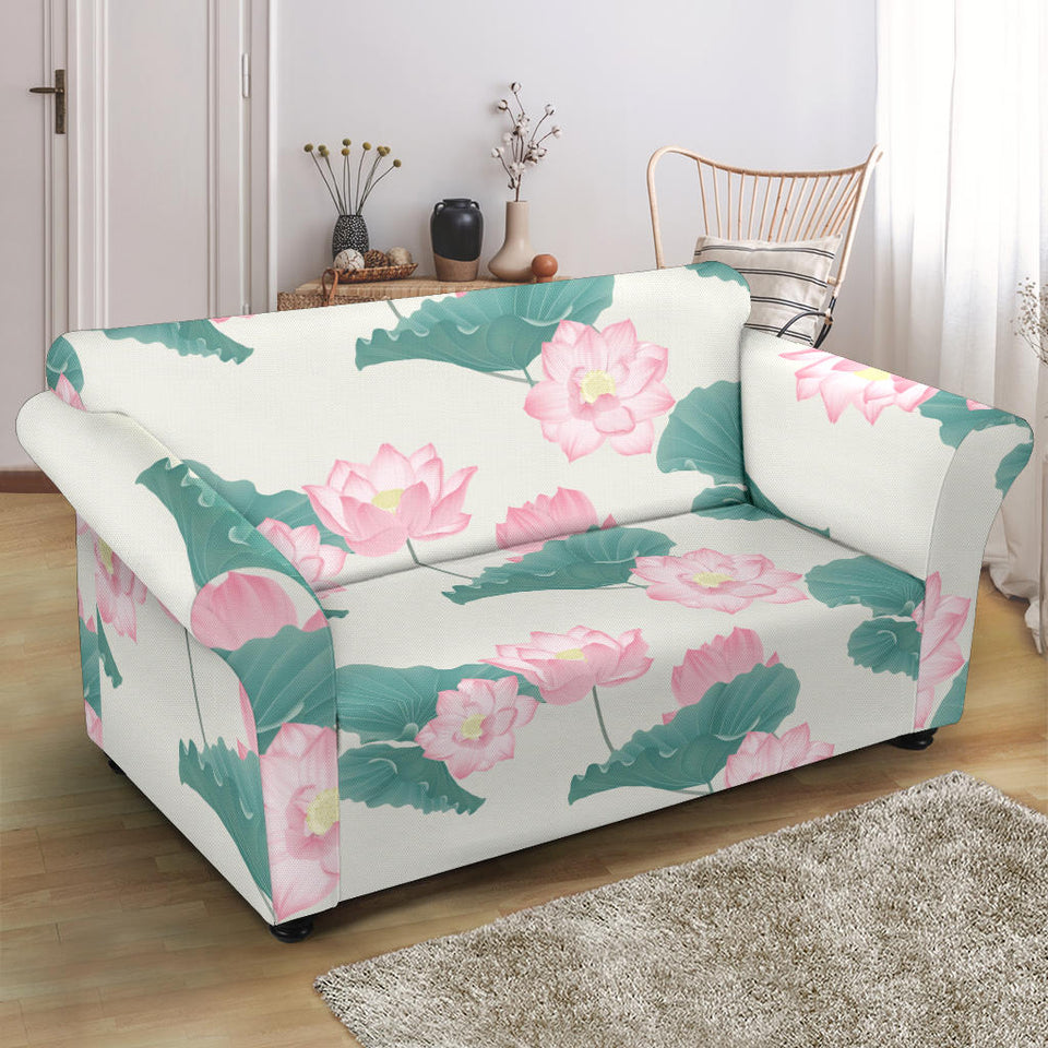 Pink Lotus Waterlily Leaves Pattern Loveseat Couch Slipcover