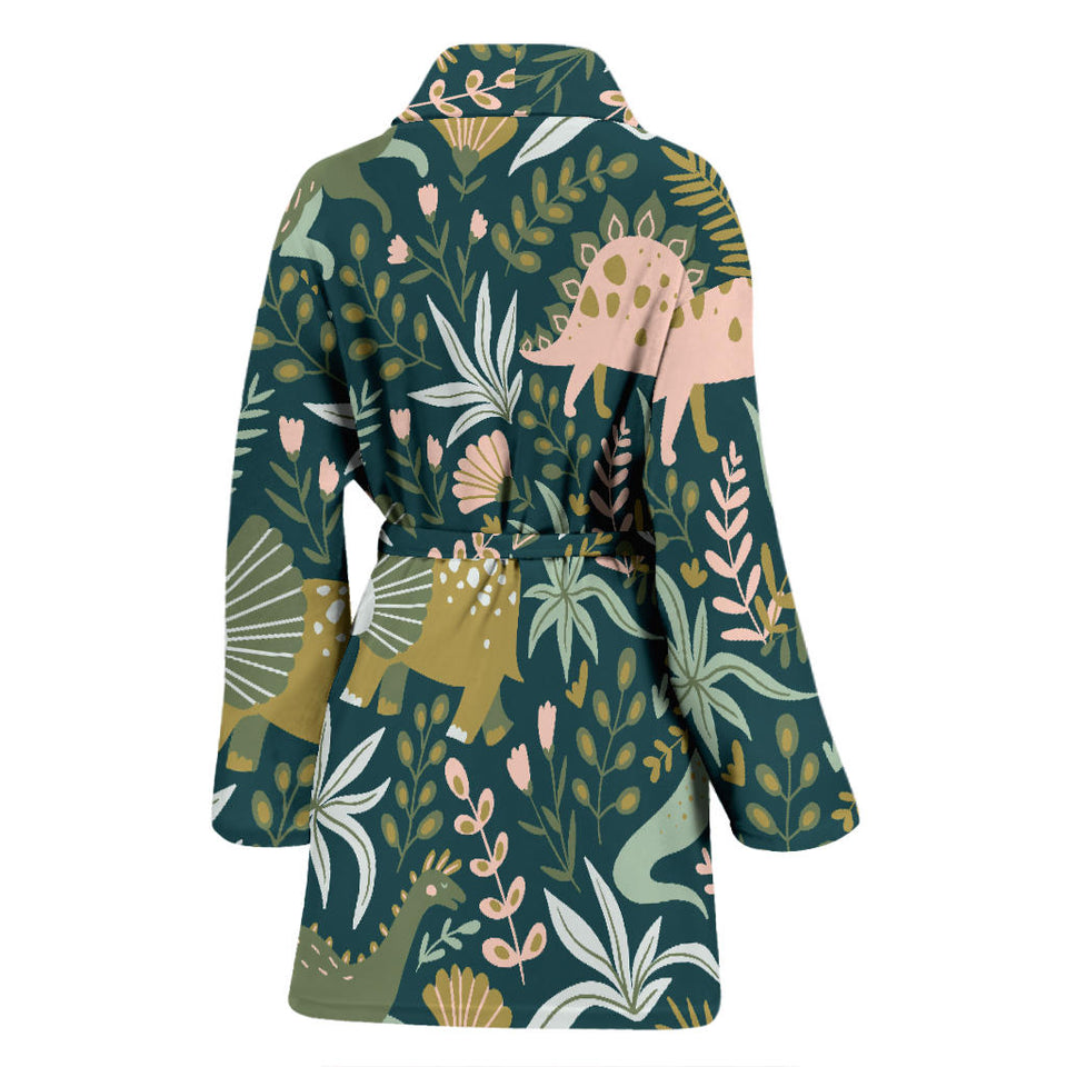 Dinosaurs Tropical Leaves Flower Pattern Women'S Bathrobe