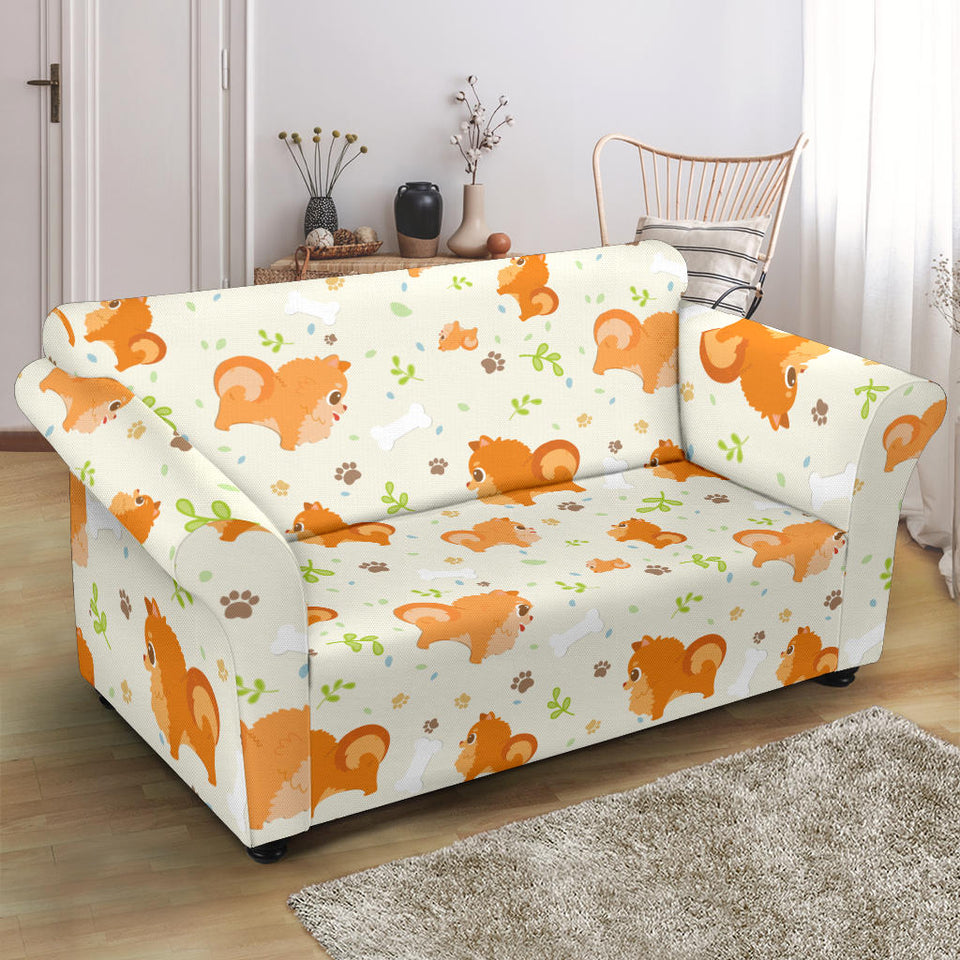 Cute Brown Pomeranian Paw Leave Bone Pattern Loveseat Couch Slipcover