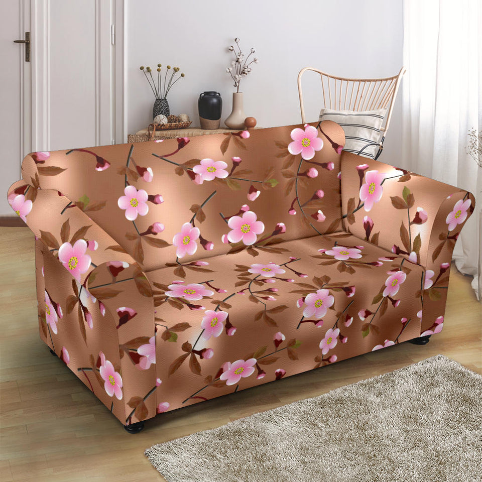 Pink Sakura Cherry Blossom Drak Brown Background Loveseat Couch Slipcover