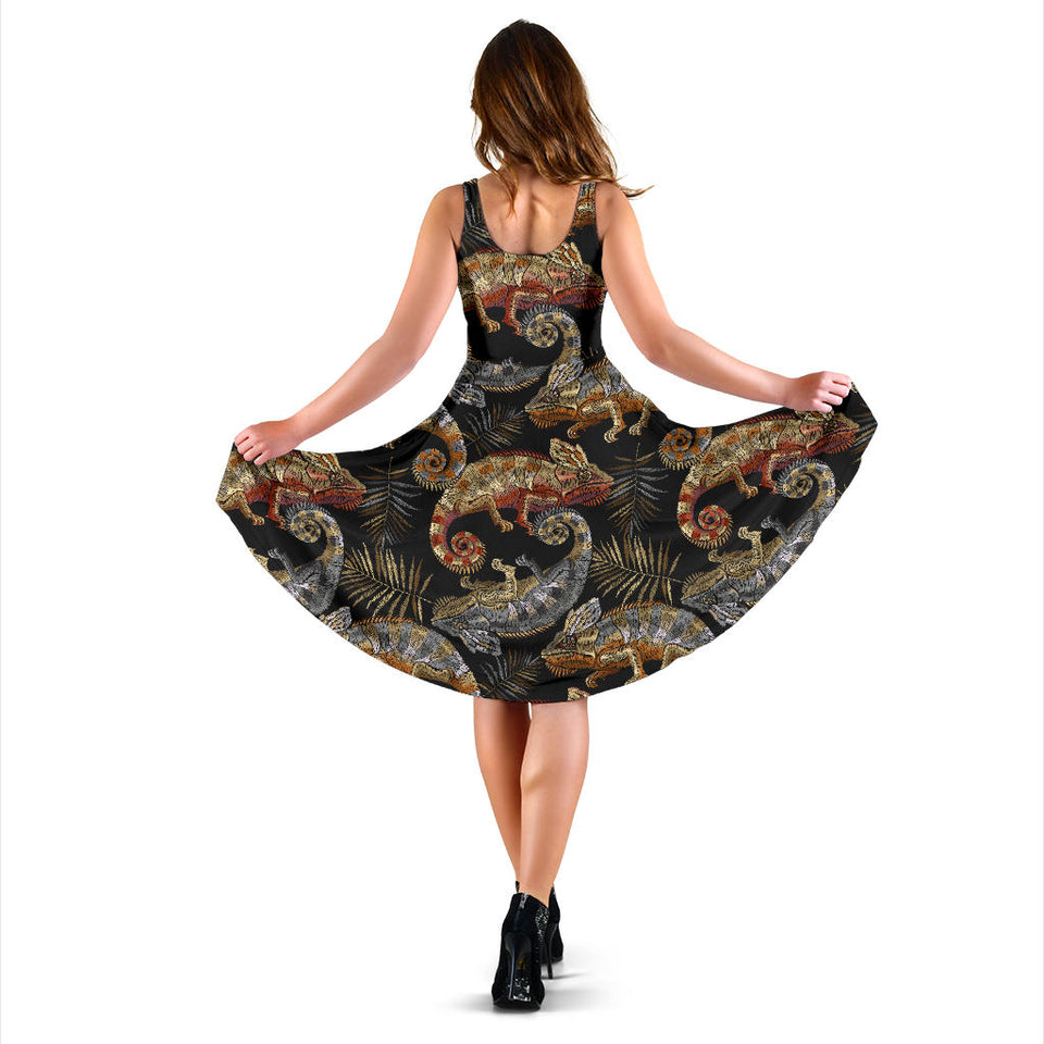 Chameleon Lizard Tropical Leaves Palm Tree Sleeveless Midi Dress