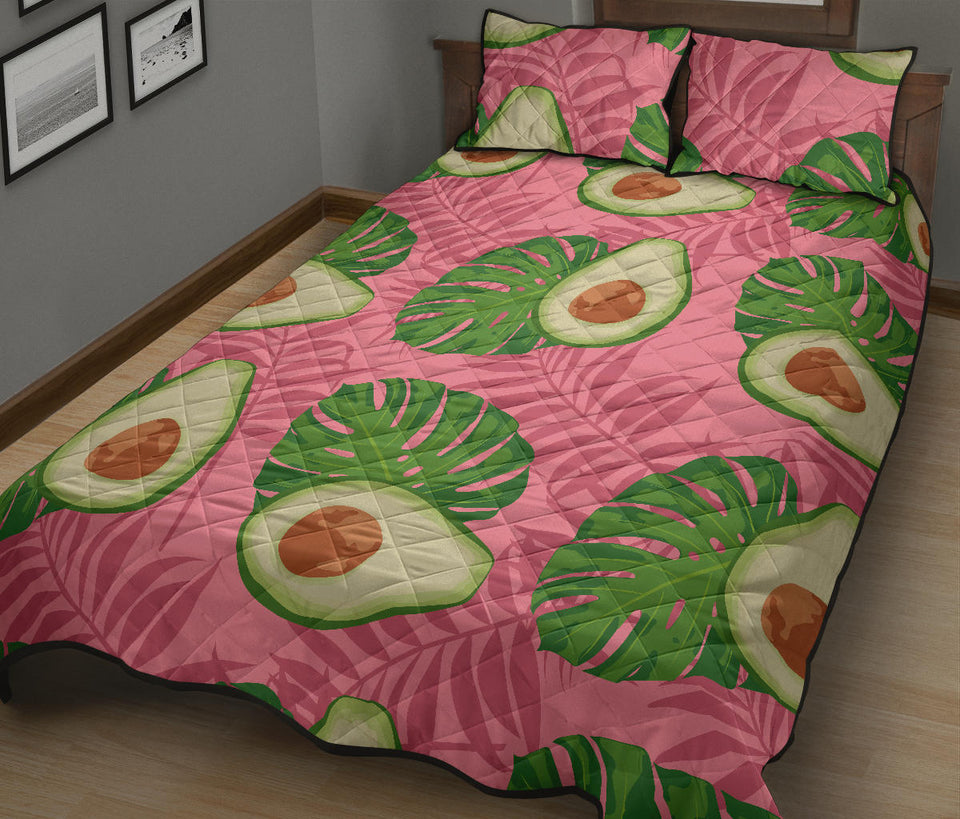 Avocado slices leaves pink back ground Quilt Bed Set