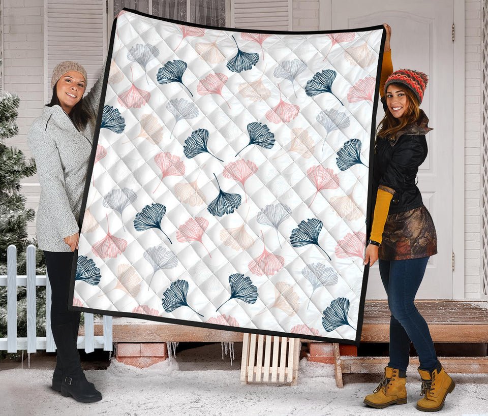 Black Gray Cream Coral Ginkgo Leaves Pattern Premium Quilt