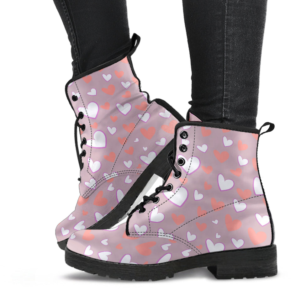 Coral White Heart Pattern Leather Boots