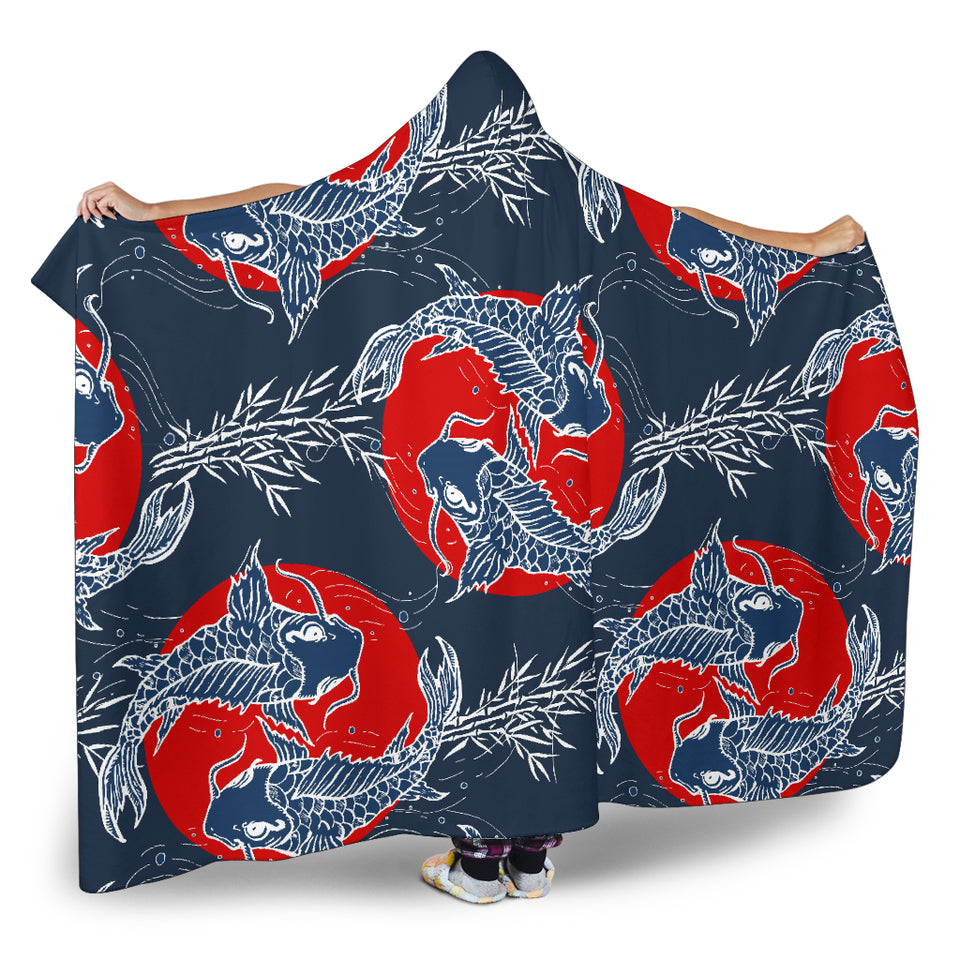 Koi Fish Carp Fishs Hand Drawn Japanese Art Hooded Blanket