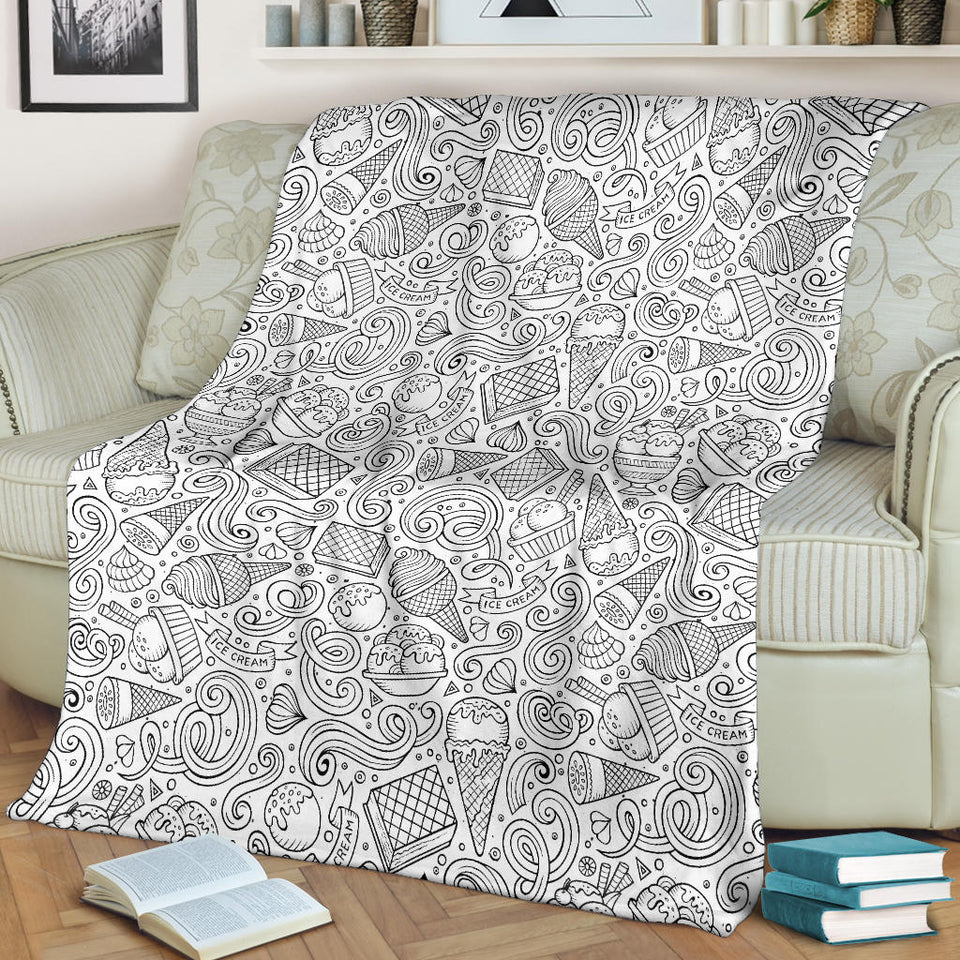 Cartoon Hand Drawn Ice Cream Black White Premium Blanket
