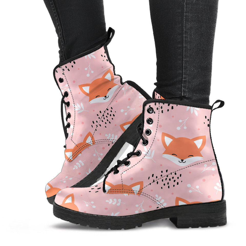 Cute Fox Pattern Pink Background Leather Boots