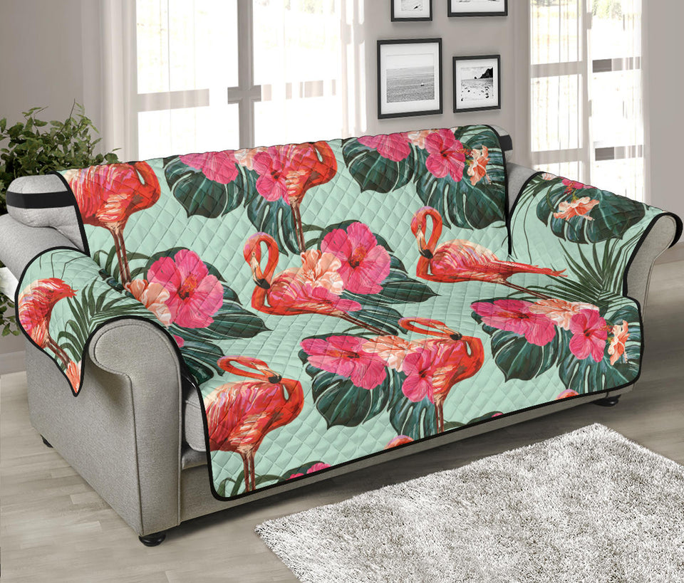 Beautiful flamingo tropical palm leaves hibiscus pateern background Sofa Cover Protector