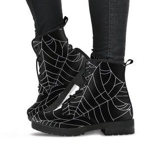 Spider Web Pattern Black Background White Cobweb Leather Boots