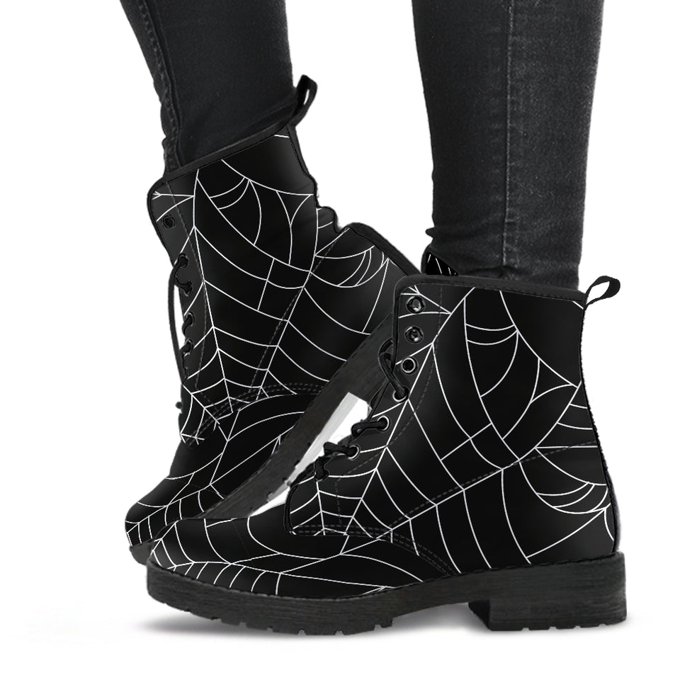 Spider Web Pattern Black Background White Cobweb Leather Boots
