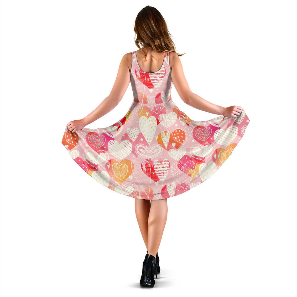 Hand Drawn Heart Design Pattern Sleeveless Midi Dress