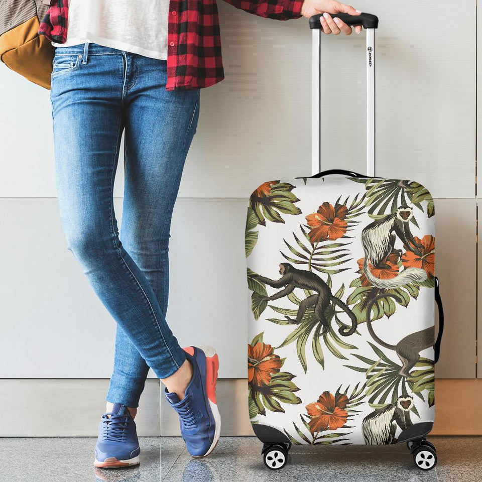 Monkey Red Hibiscus Flower Palm Leaves Floral Pattern Cabin Suitcases Luggages