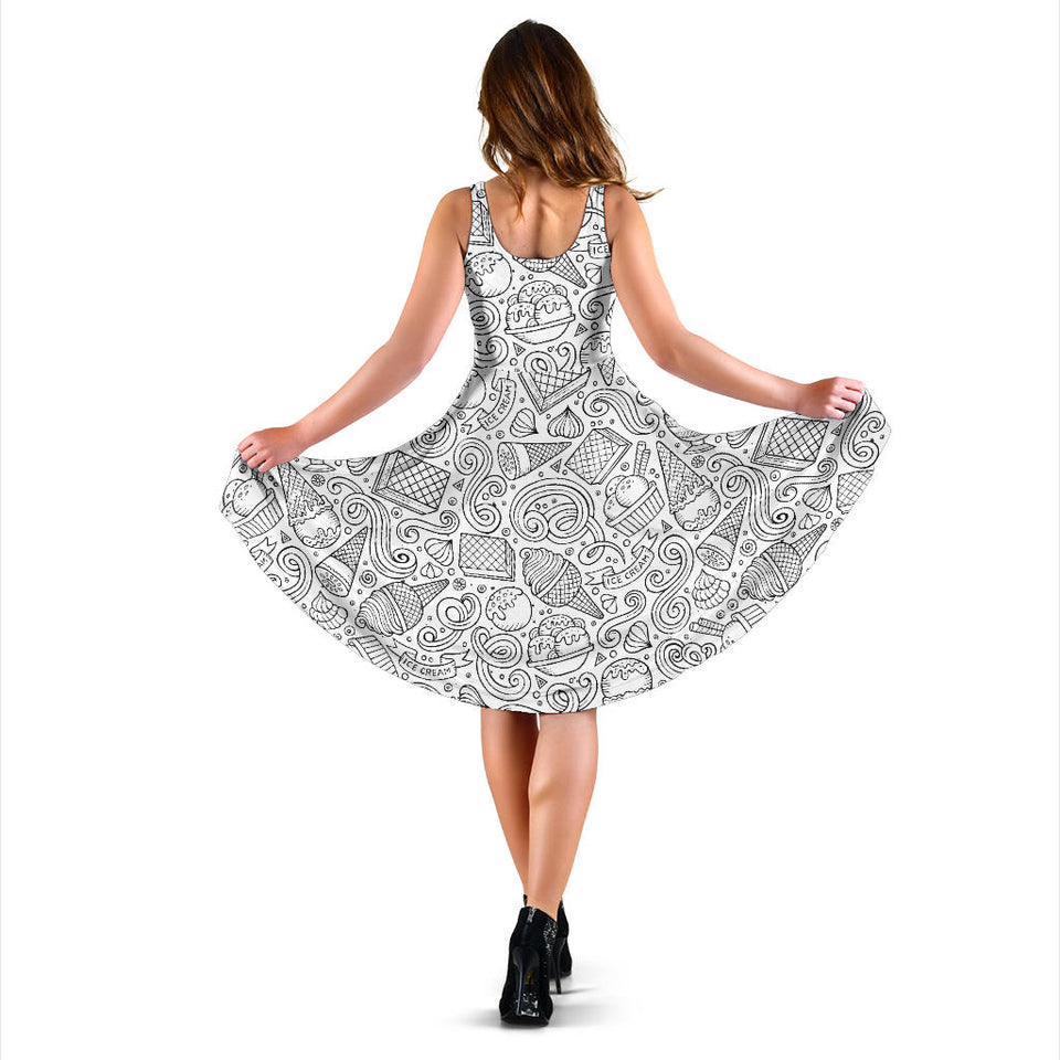 Cartoon Hand Drawn Ice Cream Black White Sleeveless Midi Dress
