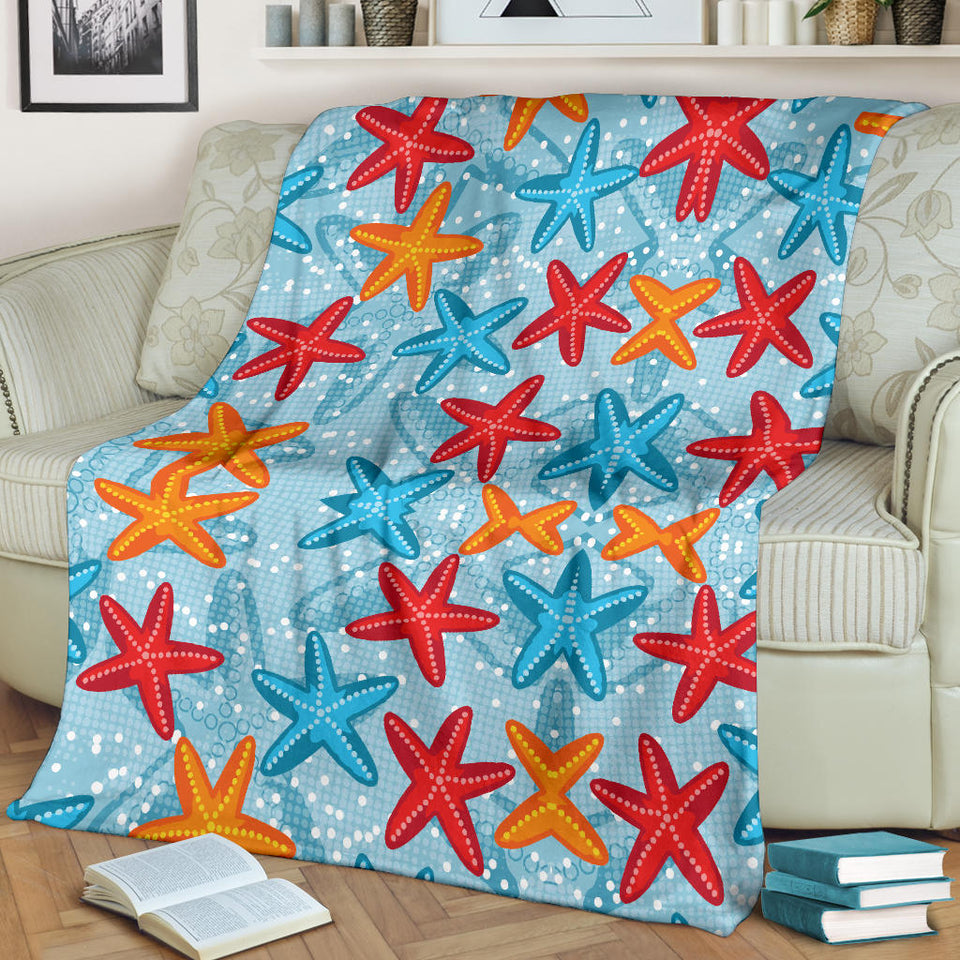Blue Red Orange Starfish Pattern Premium Blanket