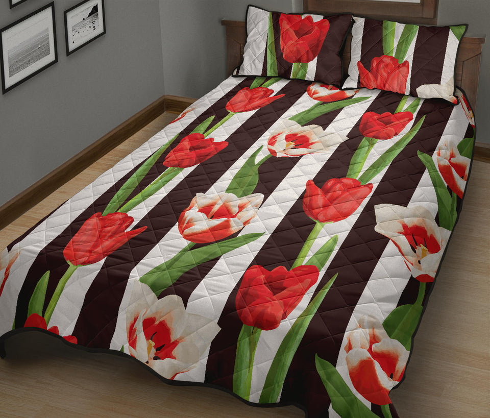 red and white tulips pattern Quilt Bed Set