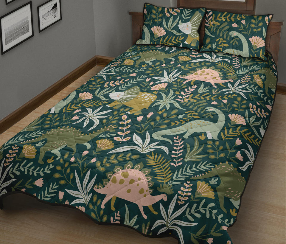 dinosaurs tropical leaves flower pattern Quilt Bed Set