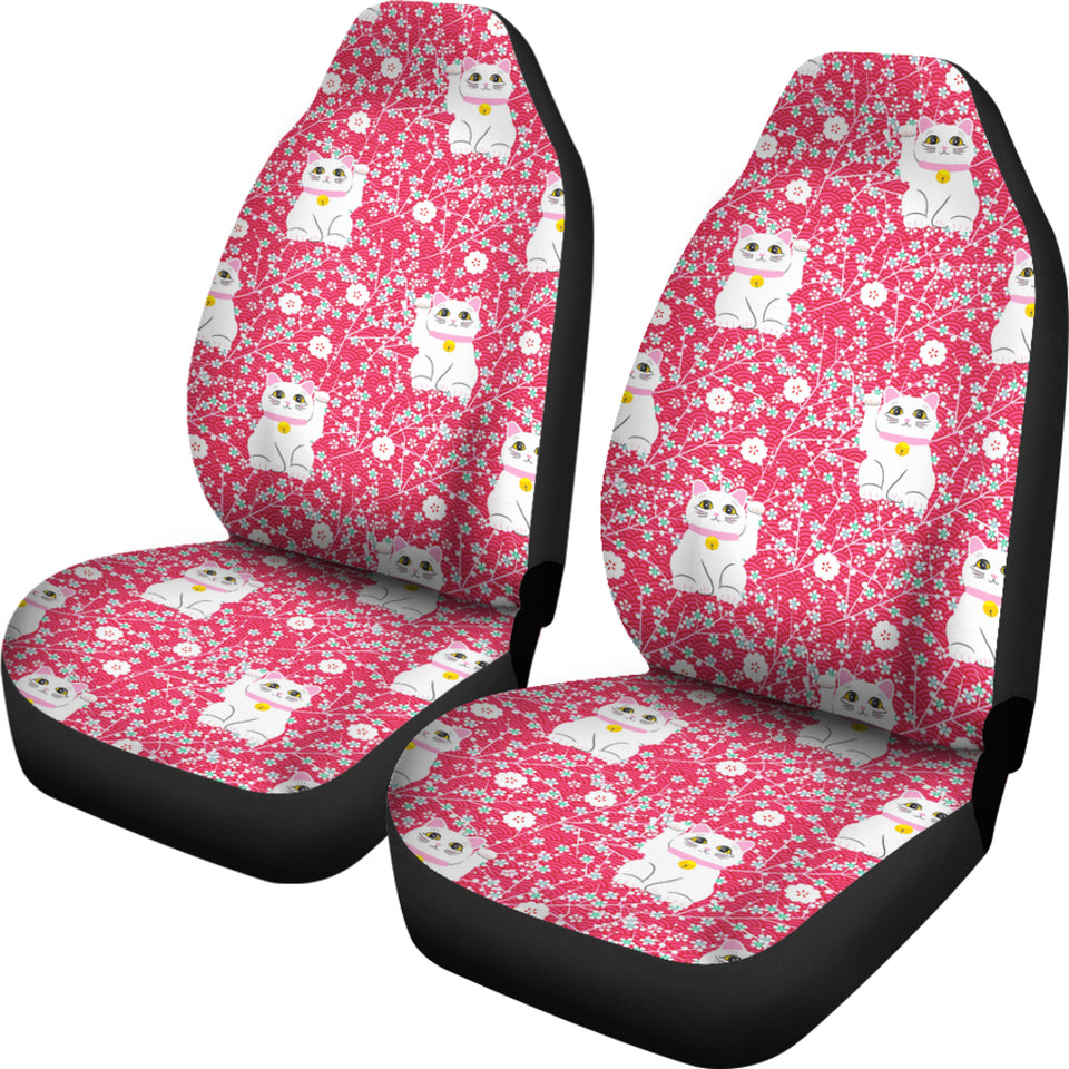 Maneki Neko Lucky Cat Sakura Pink Background Universal Fit Car Seat Covers