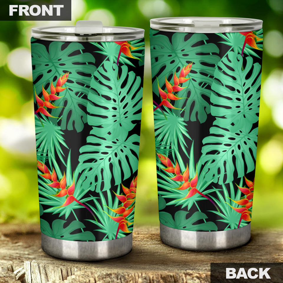Heliconia Flower Palm Monstera Leaves Black Background Tumbler