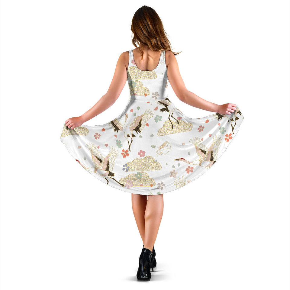 Beautiful Japanese Cranes Pattern Sleeveless Midi Dress