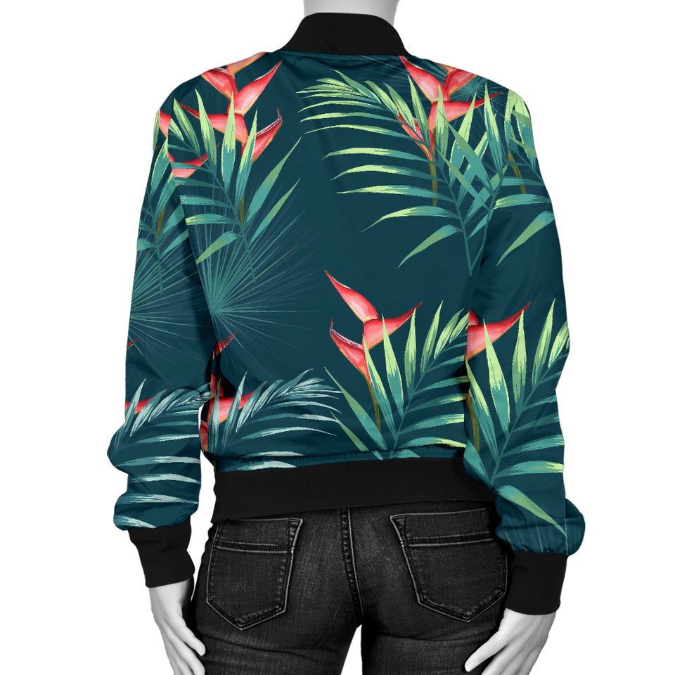 Heliconia Flowers, Palm And Monstera Leaves On Black Background Pattern Women'S Bomber Jacket