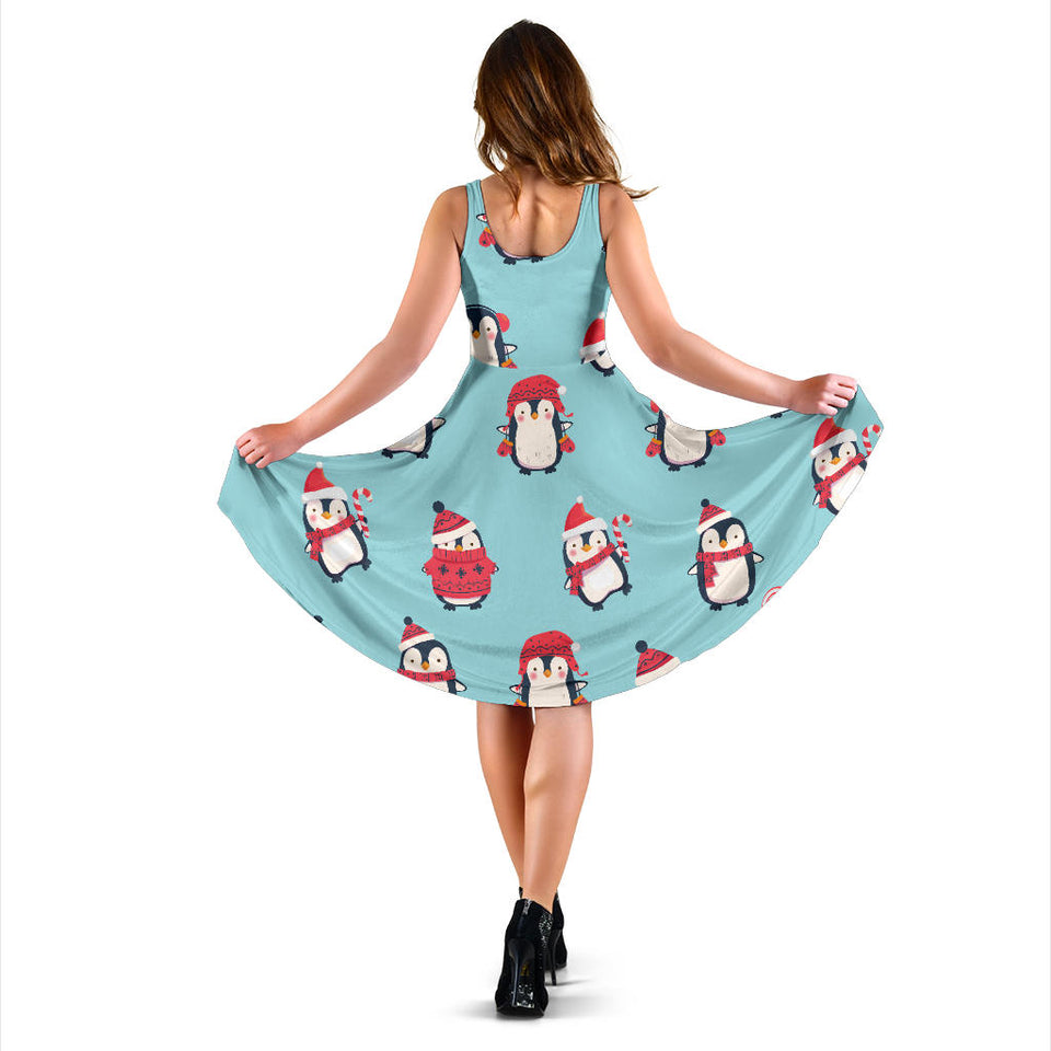 Cute Penguin Christmas  Design Pattern Sleeveless Midi Dress