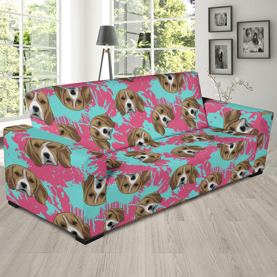 Beagle Muzzles Turquoise Paint Splashes Pink Pattern Sofa Slipcover