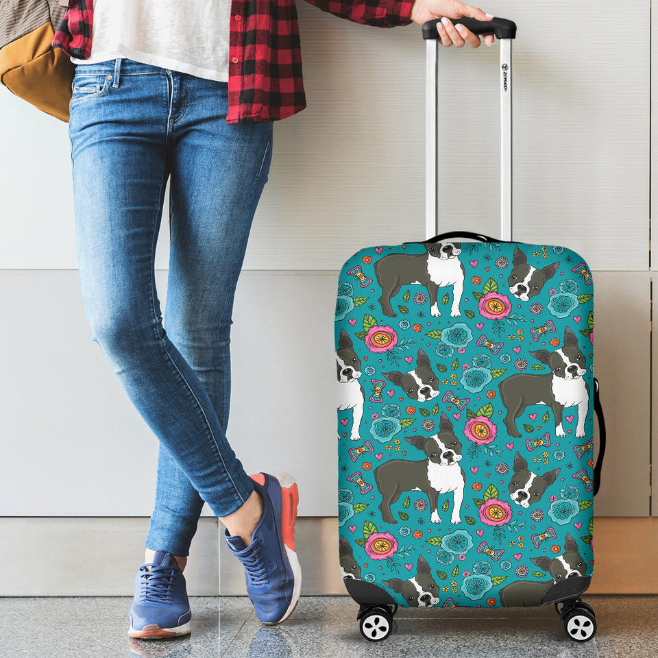 Boston Terrier Beautiful Flower Pattern Luggage Covers