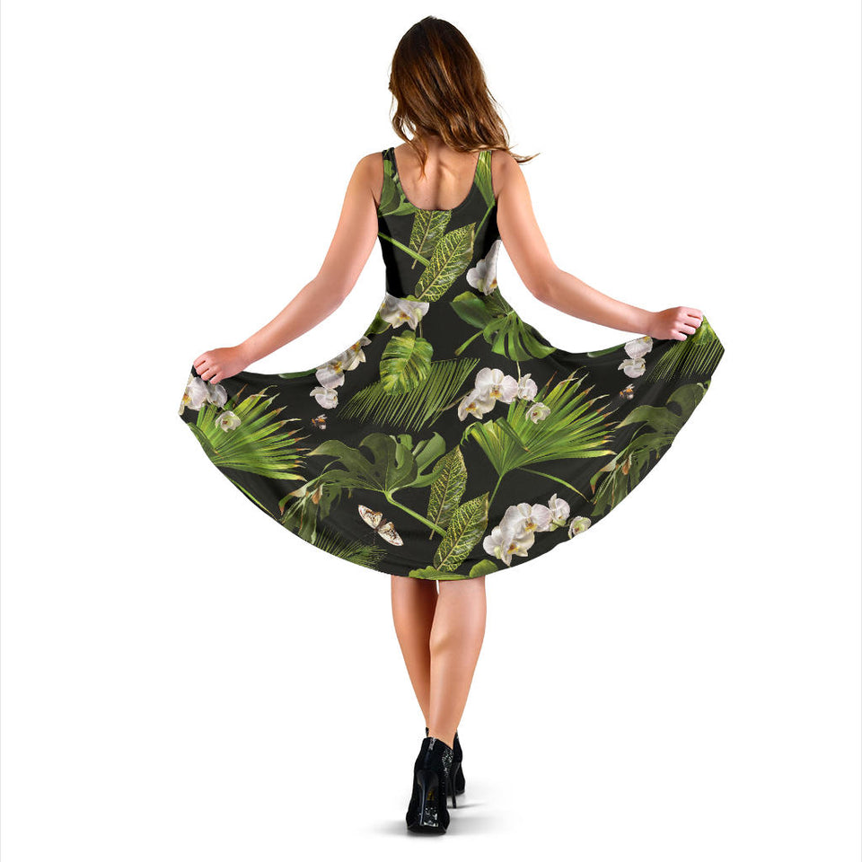 White Orchid Flower Tropical Leaves Pattern Blackground Sleeveless Midi Dress