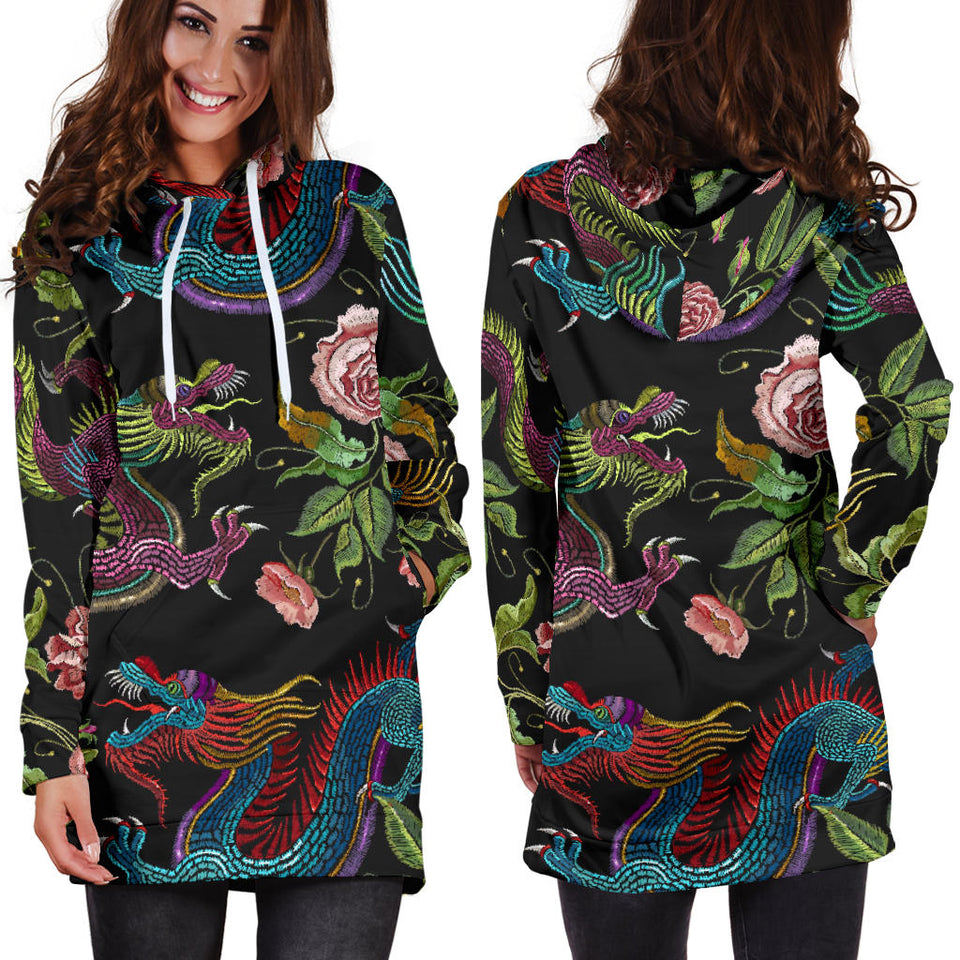 Dragons Flower Pattern Women'S Hoodie Dress