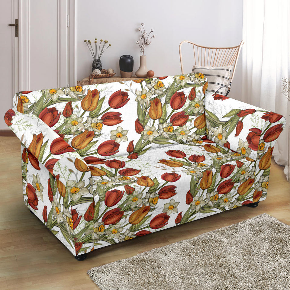 Red Tulips And Daffodils Pattern Loveseat Couch Slipcover